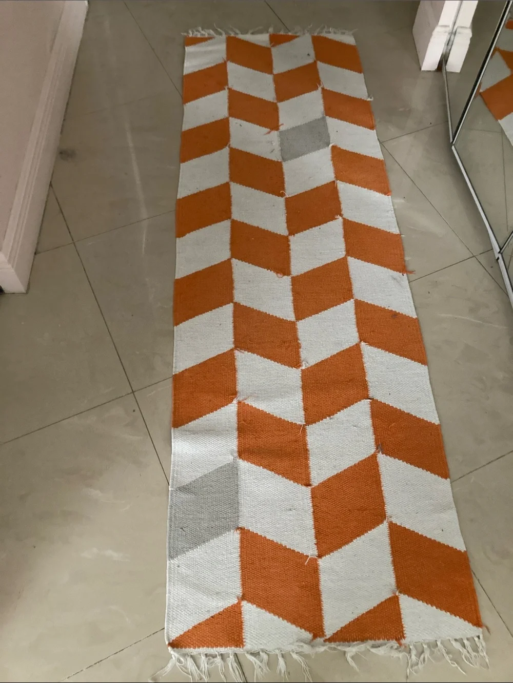 West Elm Orange and White Chevron Runner with Fringe set of 2